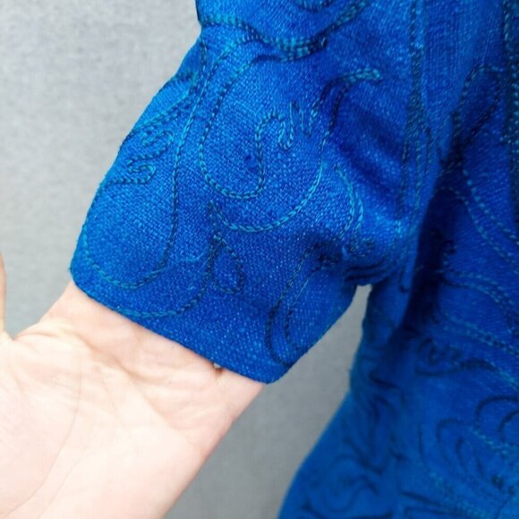 VTG Maggy London Blue Embroidered Flowers Dress, Cap Sleeves, Size 14 Vintage - Picture 6 of 9